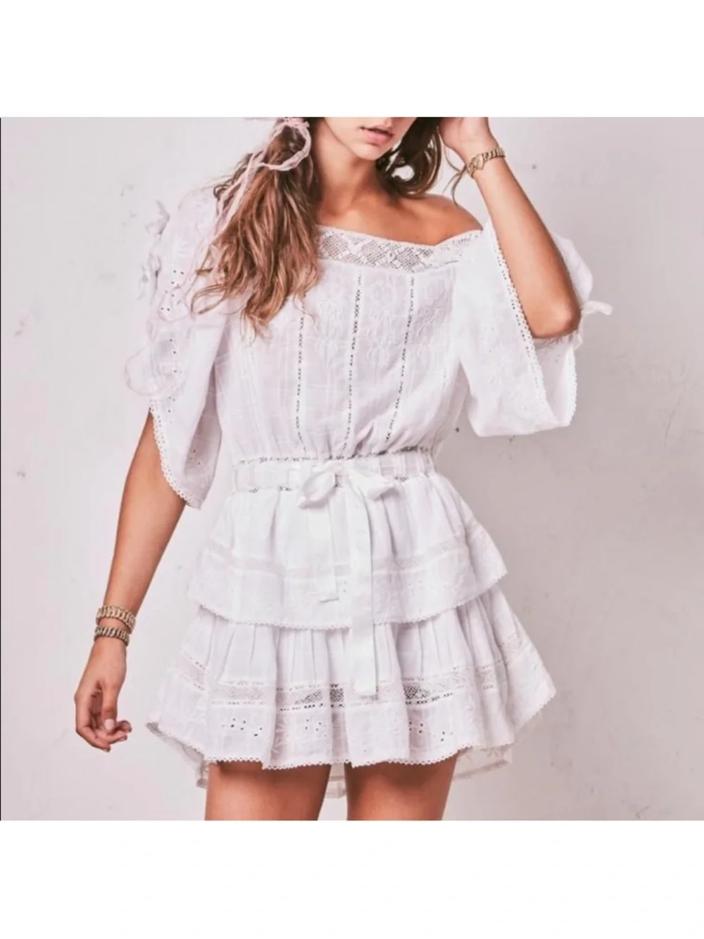 LOVESHACKFANCY Dorothy Dress White Lace Embroidered Bows Size M